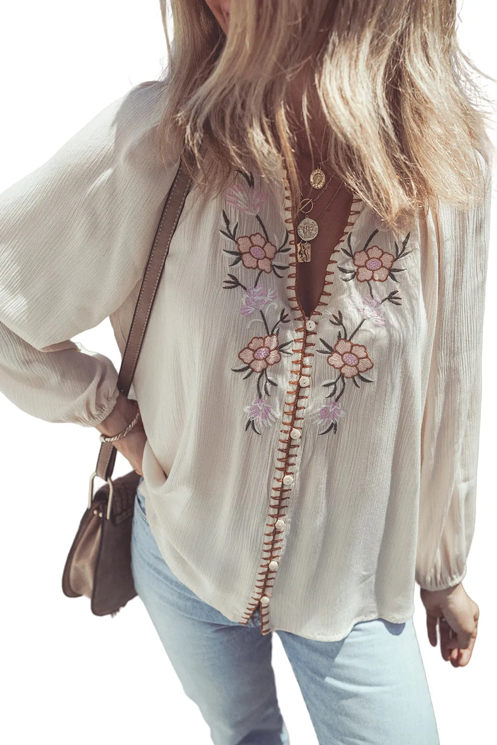 Floral Embroidered Textured Loose Shirt