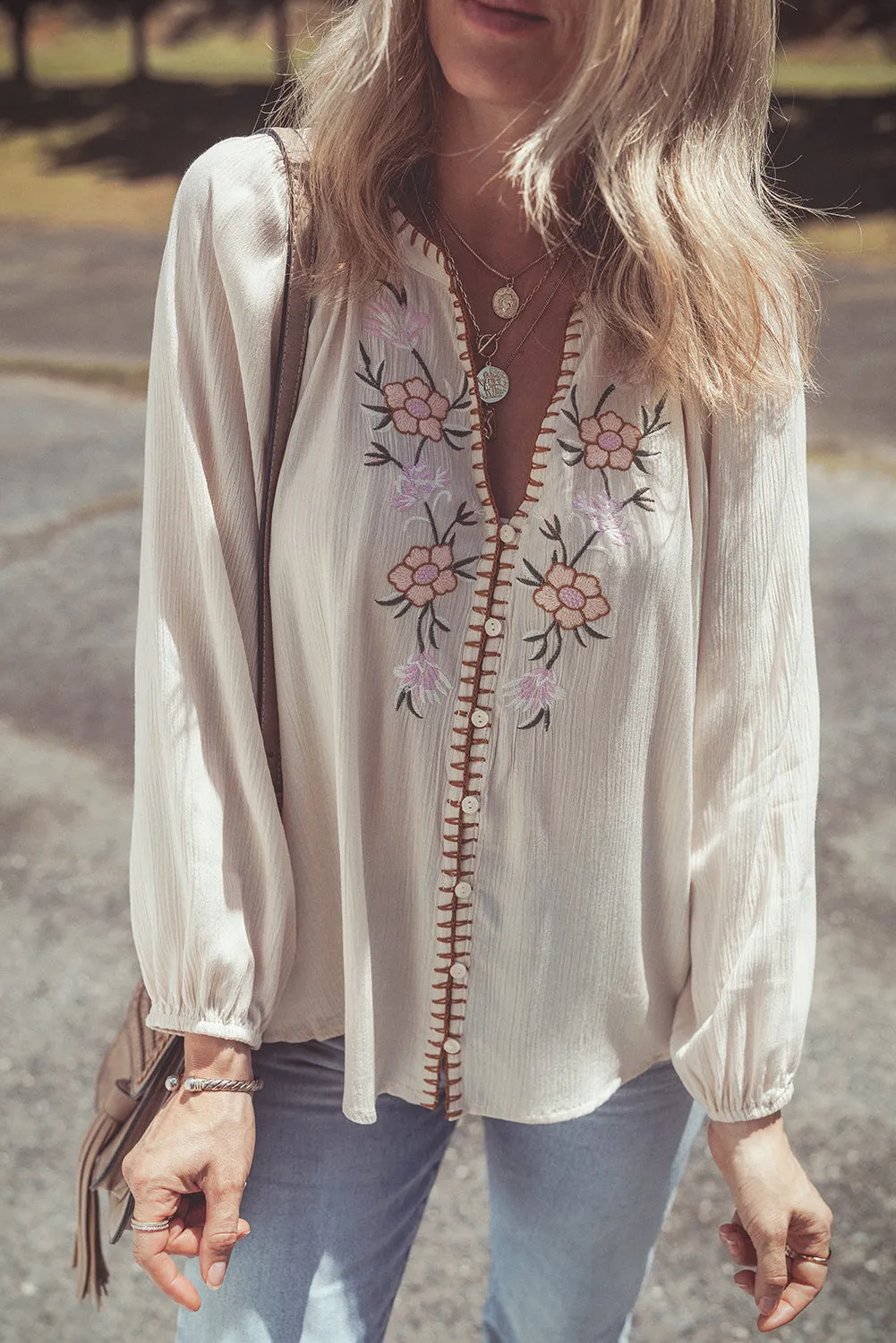 Floral Embroidered Textured Loose Shirt