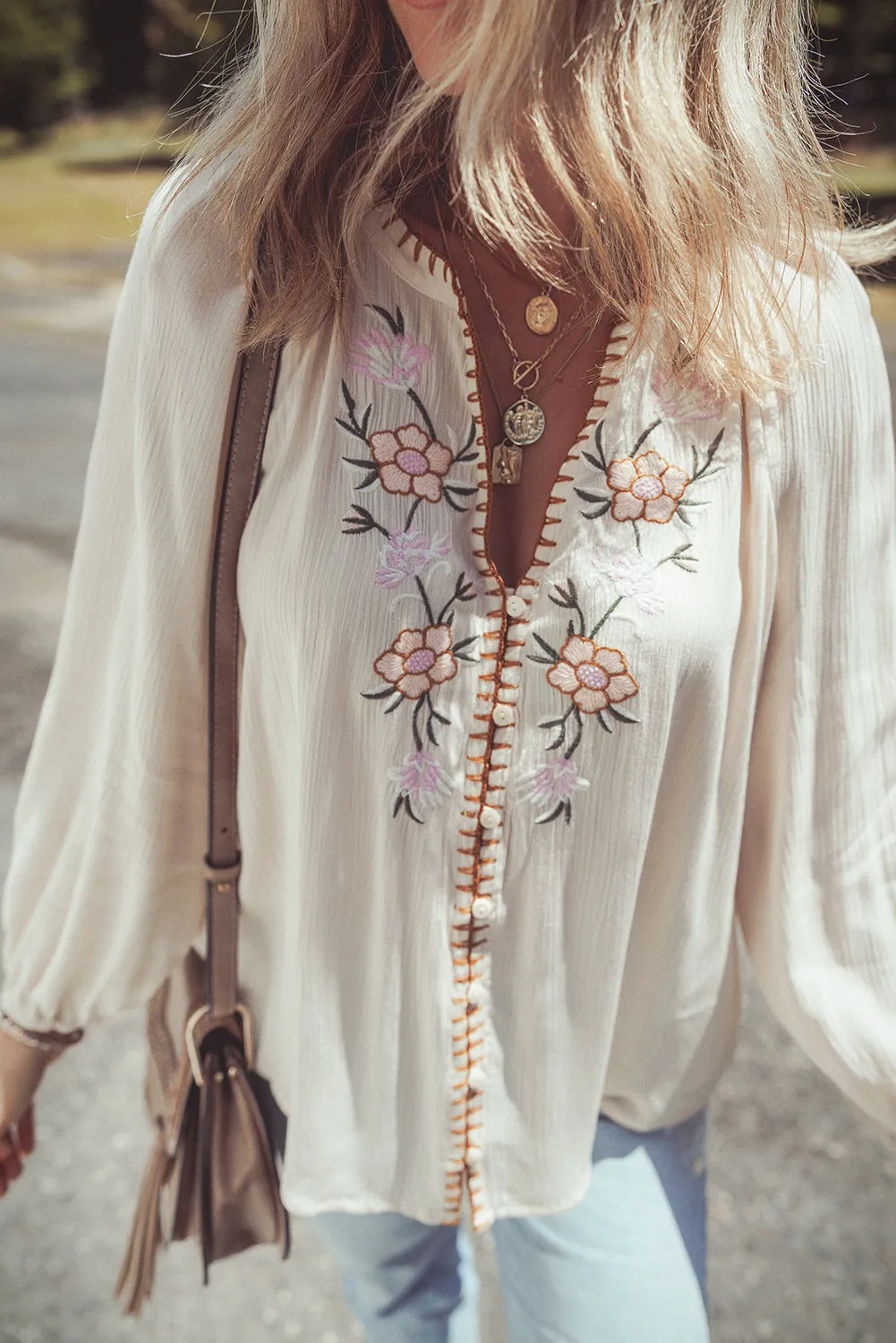 Floral Embroidered Textured Loose Shirt