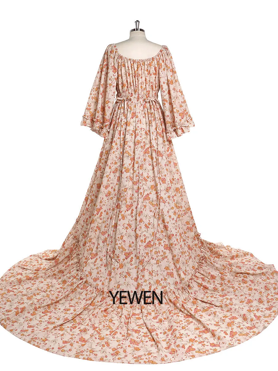 Floral Fabric Flar Sleeves Woman Dresses Strectch Neck Photography Dresses Baby Shower Dress for Pregnant Woman YW2025-3