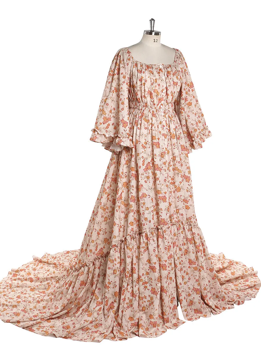 Floral Fabric Flar Sleeves Woman Dresses Strectch Neck Photography Dresses Baby Shower Dress for Pregnant Woman YW2025-3