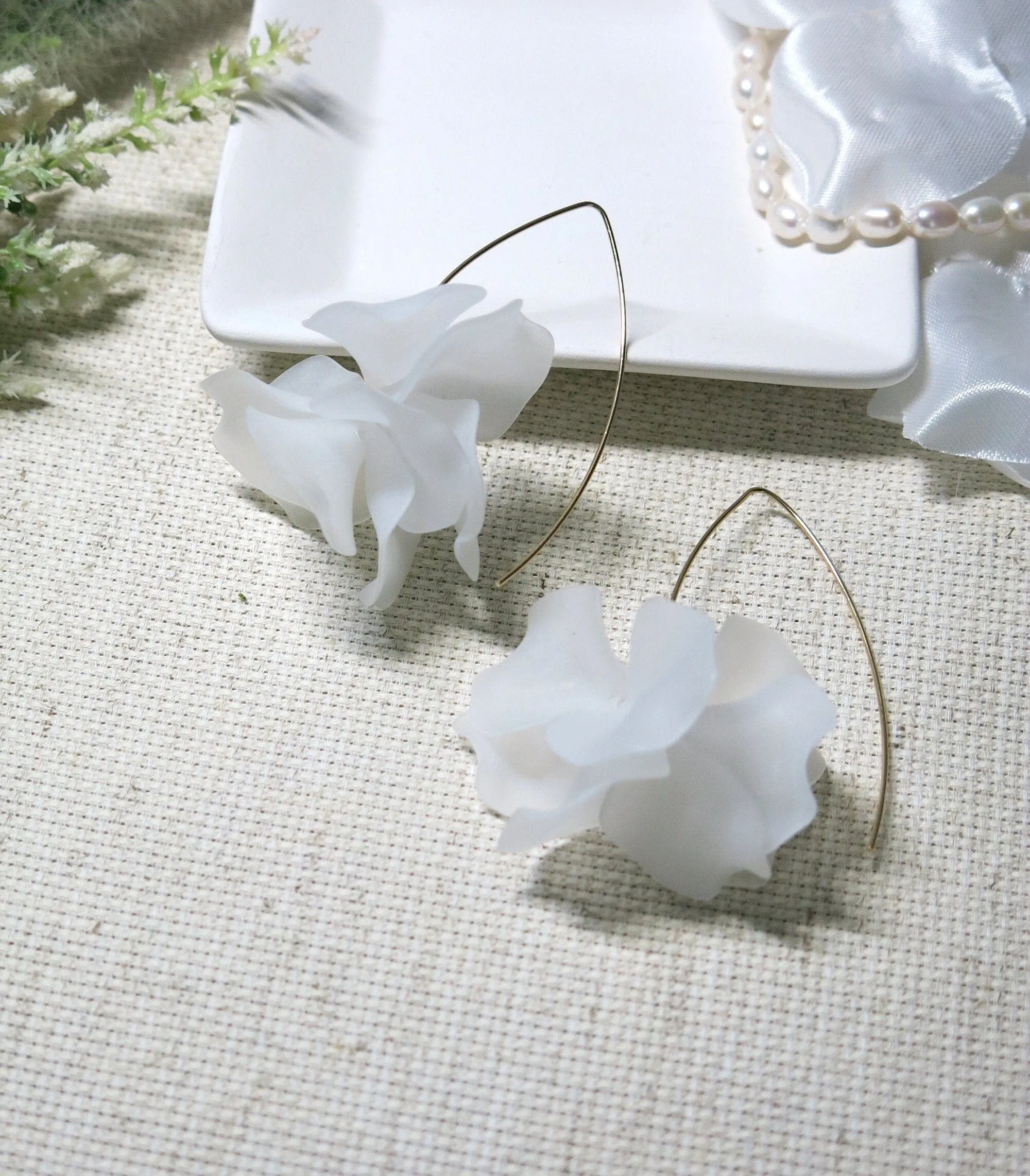 Floral Petal Marquise Hoop Earrings, White Floral Earrings, Wedding Layered Flower Hoops for Brides or Bridesmaids