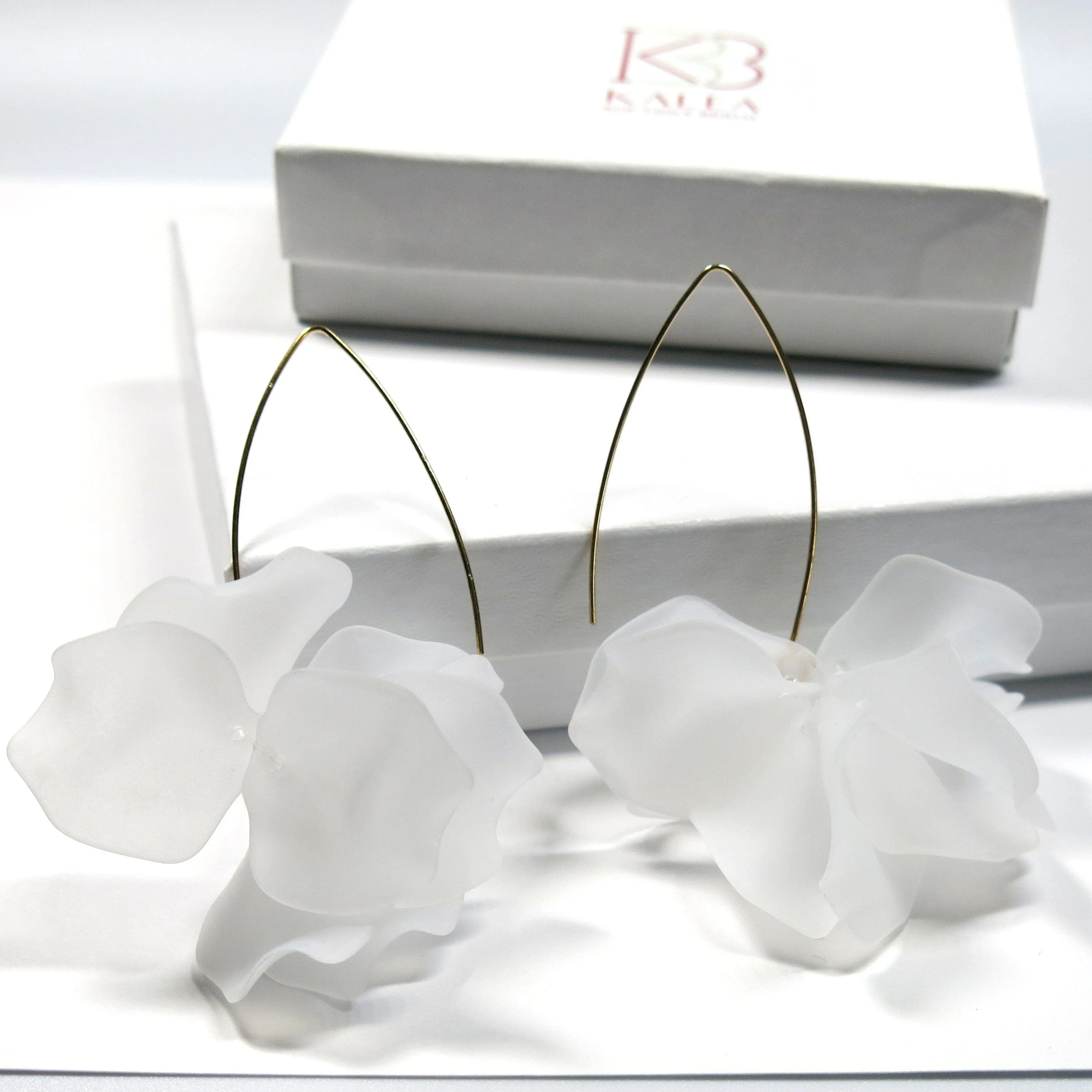 Floral Petal Marquise Hoop Earrings, White Floral Earrings, Wedding Layered Flower Hoops for Brides or Bridesmaids