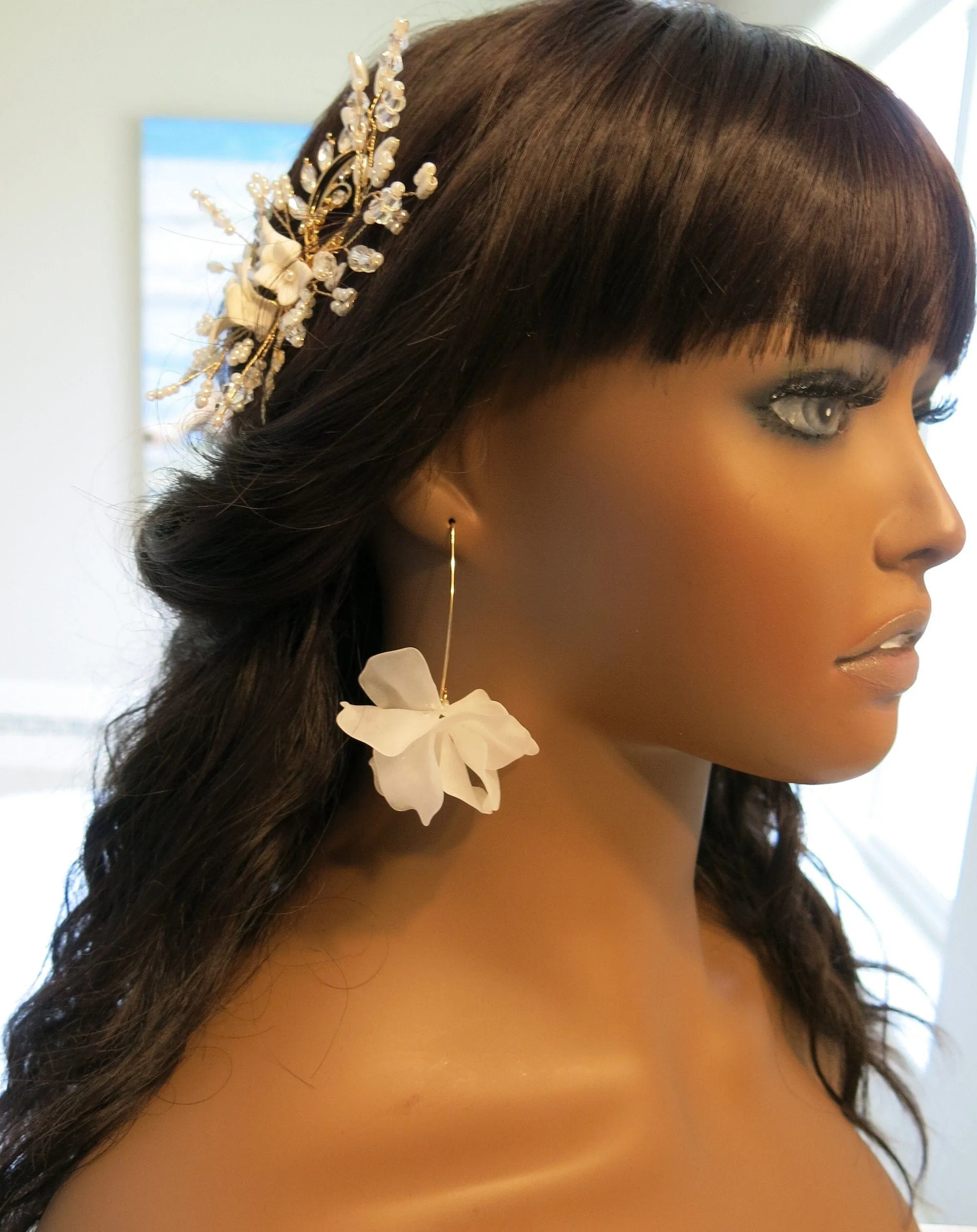 Floral Petal Marquise Hoop Earrings, White Floral Earrings, Wedding Layered Flower Hoops for Brides or Bridesmaids