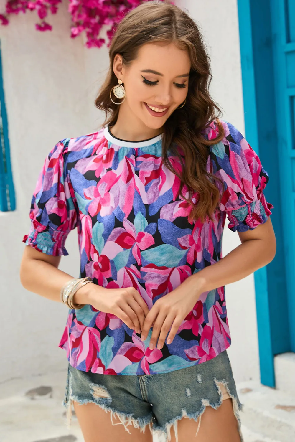 Floral Print Shirred Puff Blouse