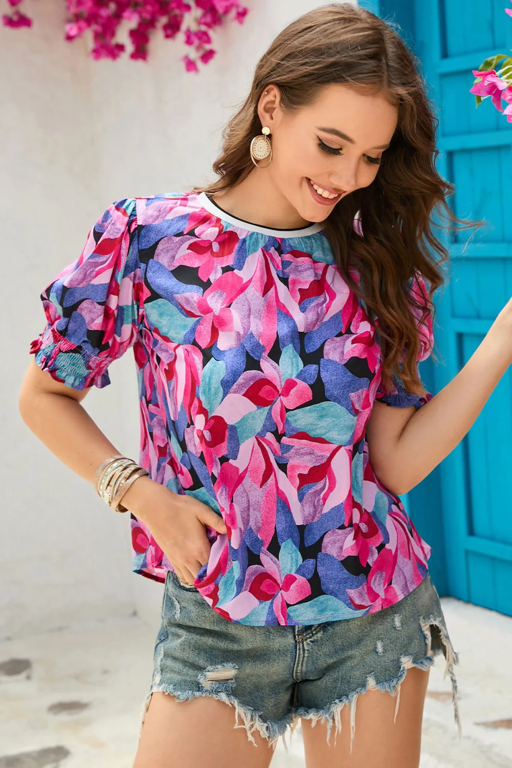 Floral Print Shirred Puff Blouse