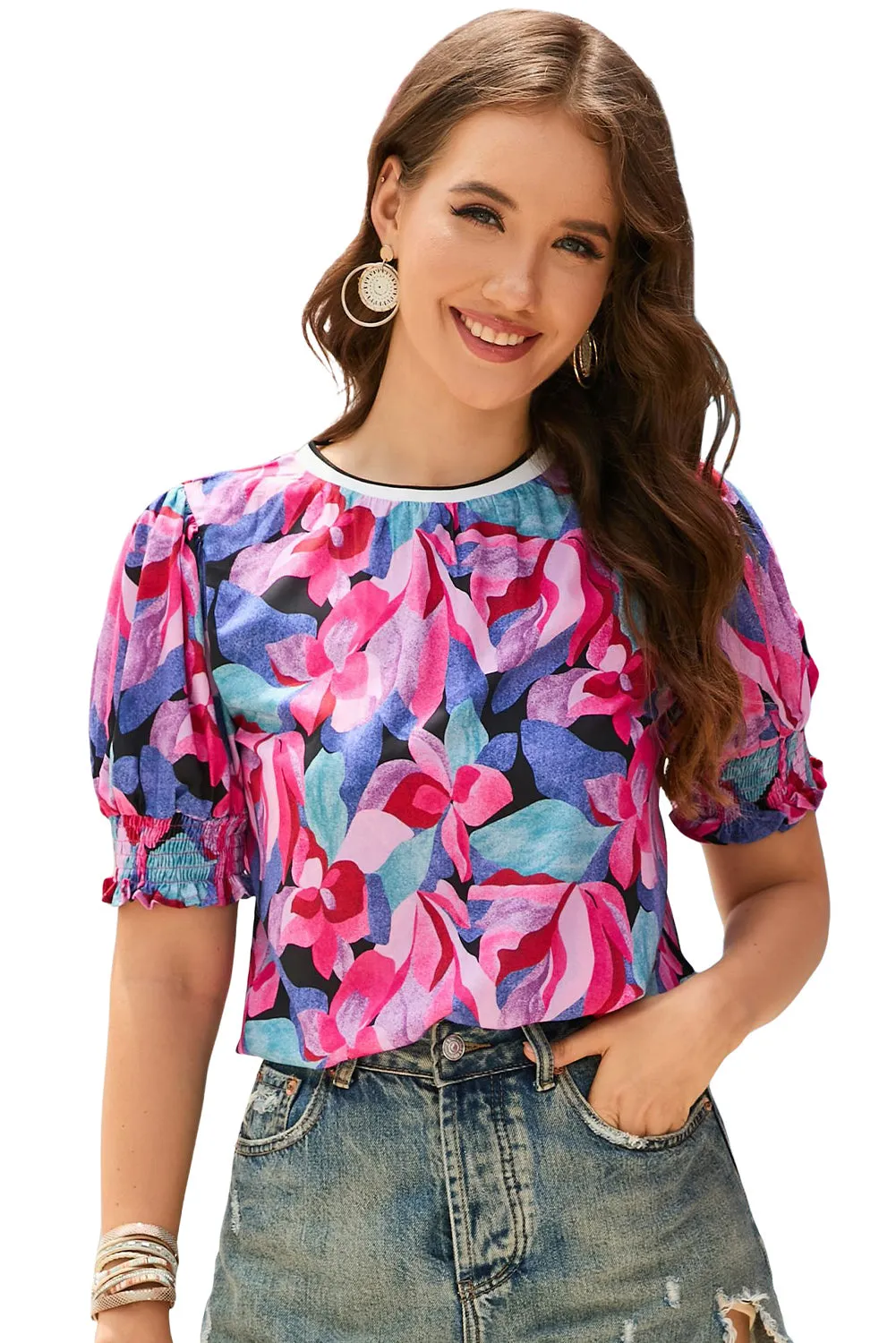 Floral Print Shirred Puff Blouse