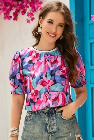 Floral Print Shirred Puff Blouse