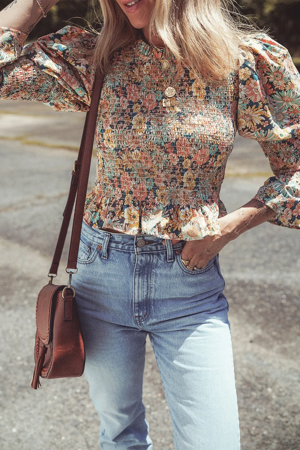 Floral Print Smocked Ruffled Crop Top