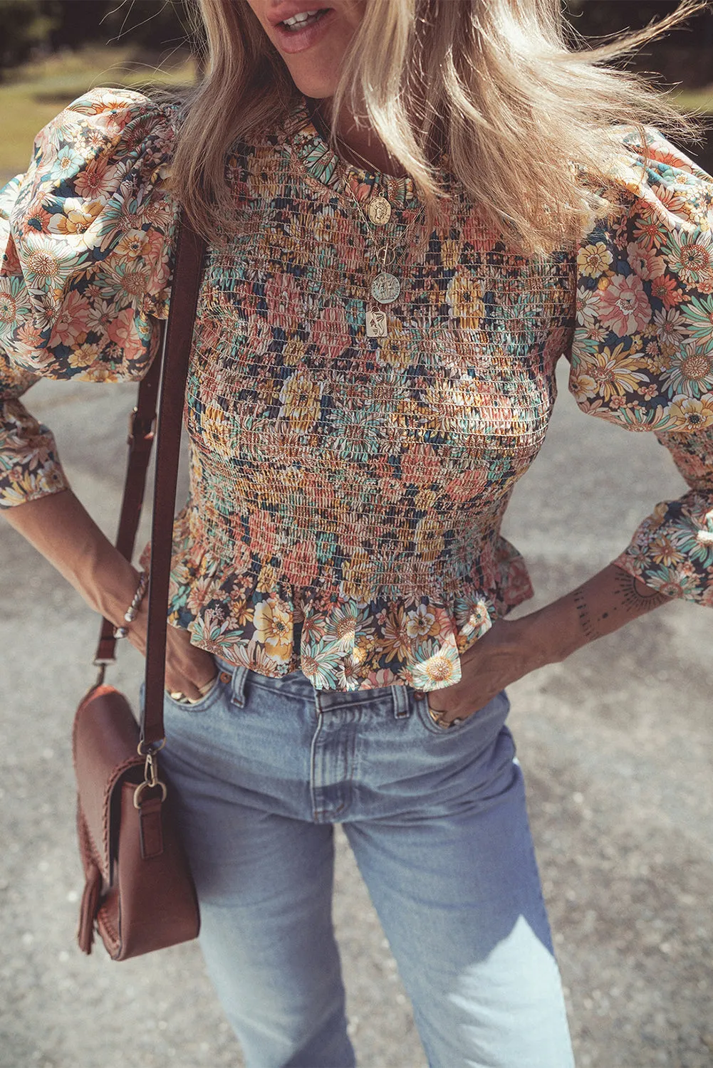 Floral Print Smocked Ruffled Crop Top