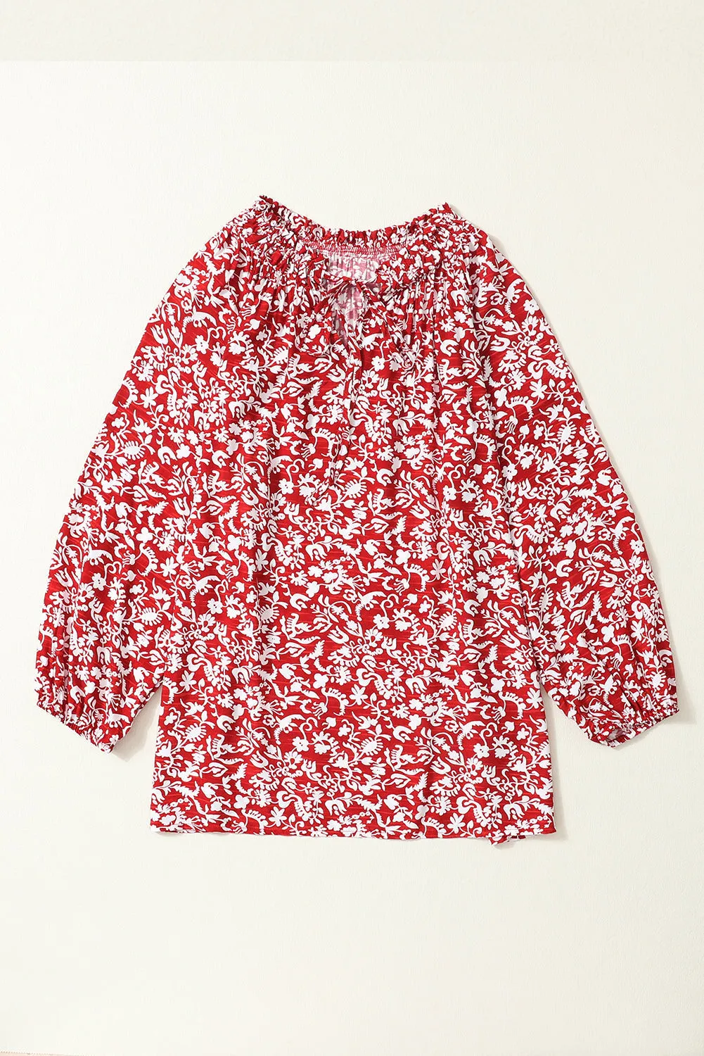 Floral Print Smocked Tie Neck Blouse