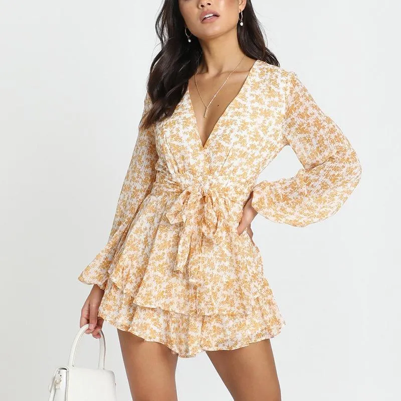 Floral Printed Long Sleeves V-Neck Mini Dress