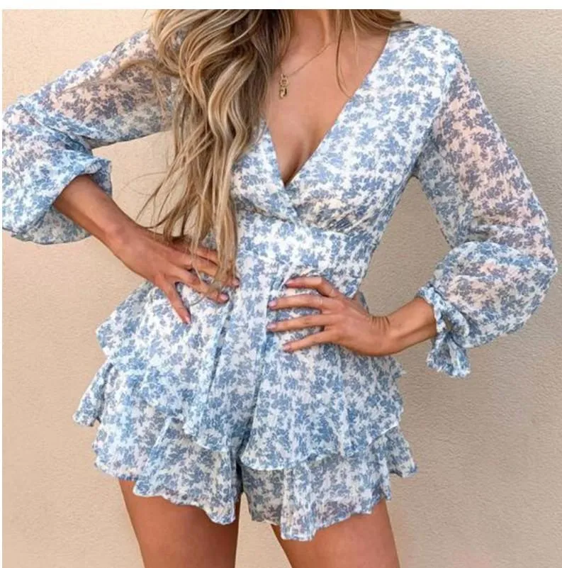 Floral Printed Long Sleeves V-Neck Mini Dress