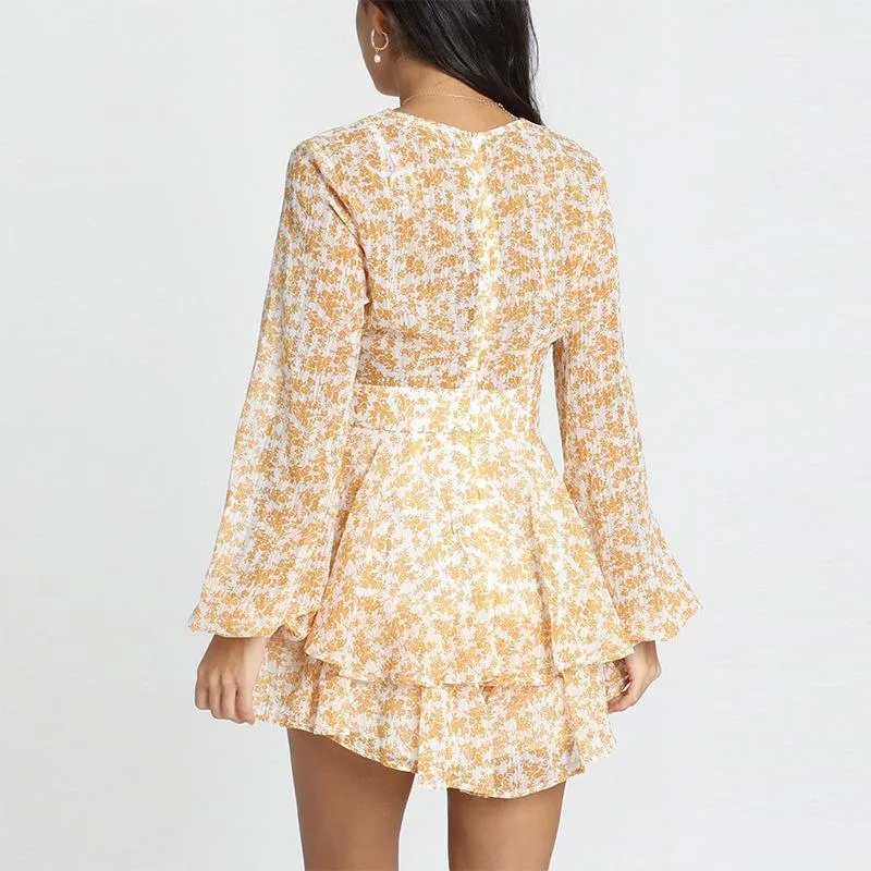 Floral Printed Long Sleeves V-Neck Mini Dress