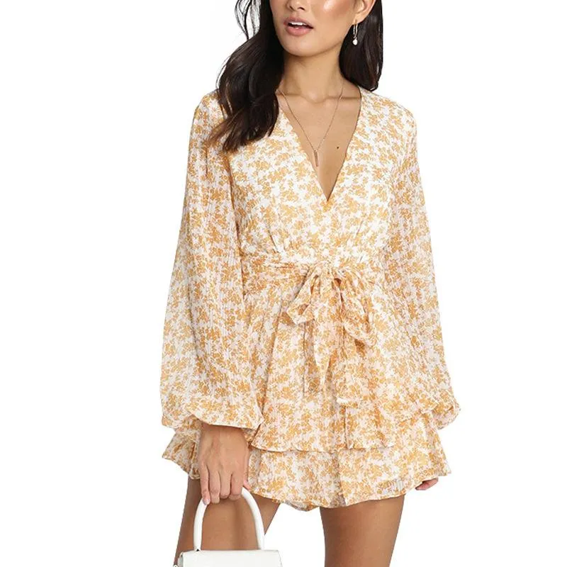 Floral Printed Long Sleeves V-Neck Mini Dress