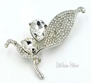 Floral Rhinestone Brooch Pear Cut Flower Pin With Pave Set Leaves