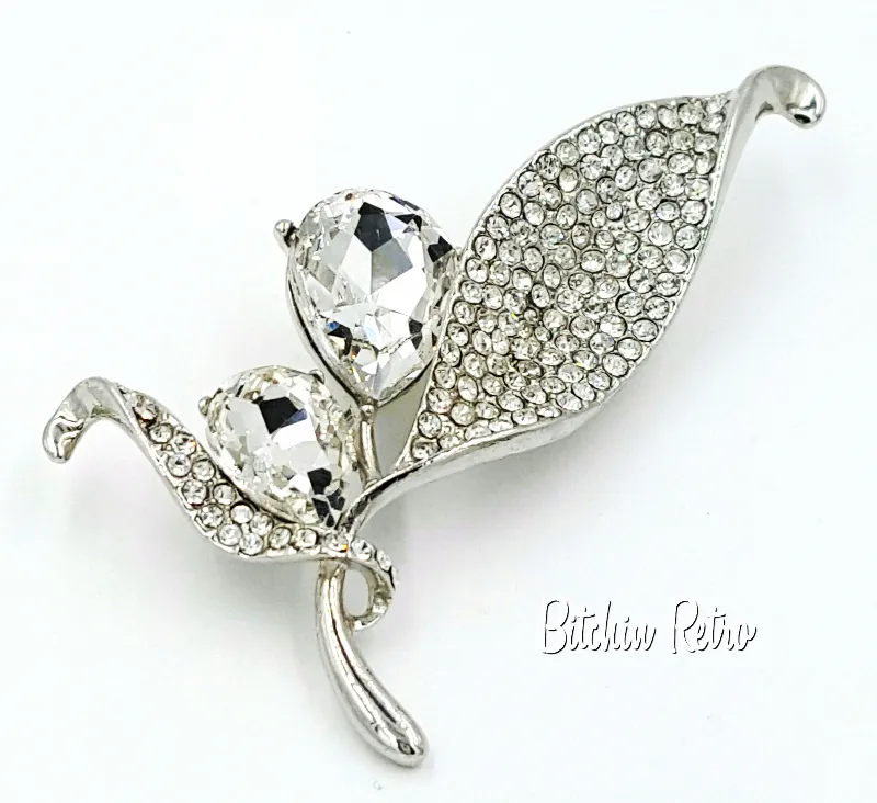 Floral Rhinestone Brooch Pear Cut Flower Pin With Pave Set Leaves