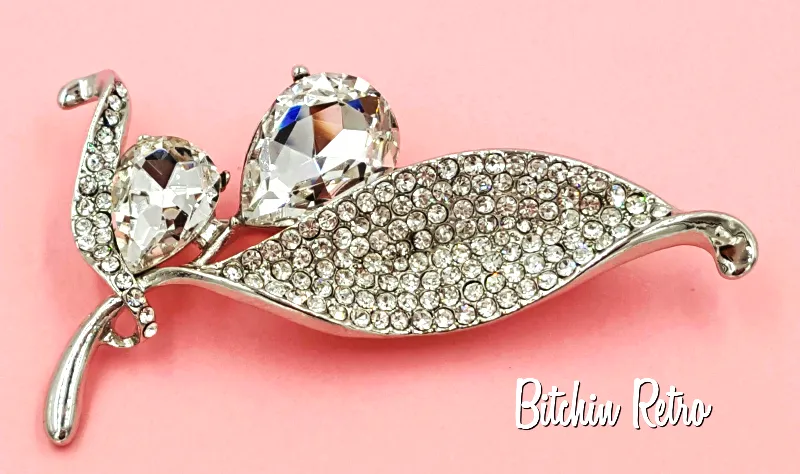 Floral Rhinestone Brooch Pear Cut Flower Pin With Pave Set Leaves