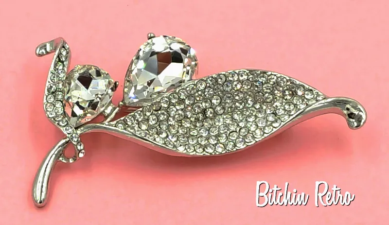 Floral Rhinestone Brooch Pear Cut Flower Pin With Pave Set Leaves
