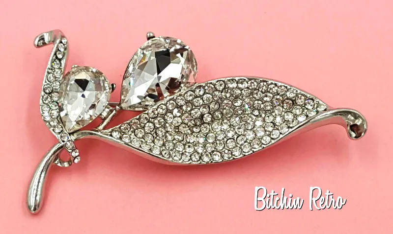 Floral Rhinestone Brooch Pear Cut Flower Pin With Pave Set Leaves