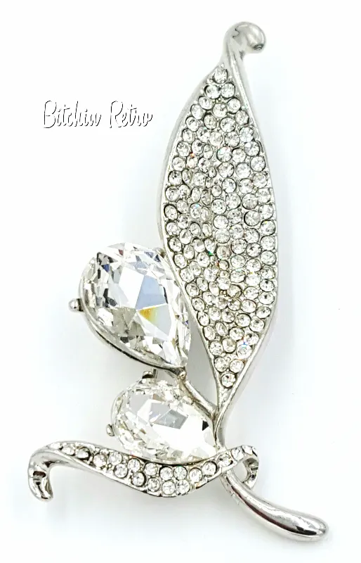 Floral Rhinestone Brooch Pear Cut Flower Pin With Pave Set Leaves
