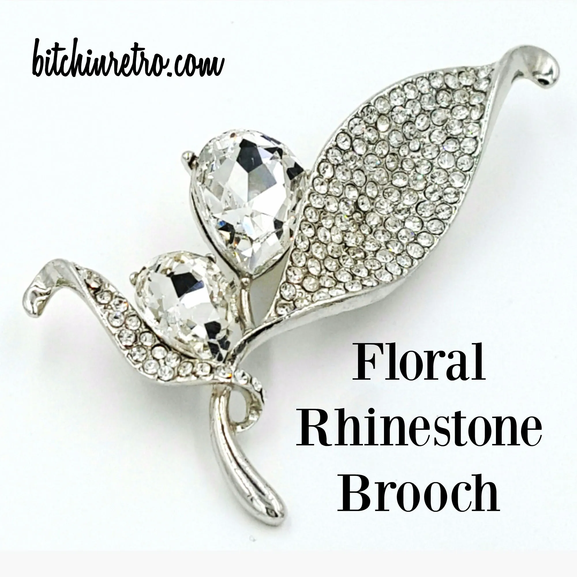 Floral Rhinestone Brooch Pear Cut Flower Pin With Pave Set Leaves