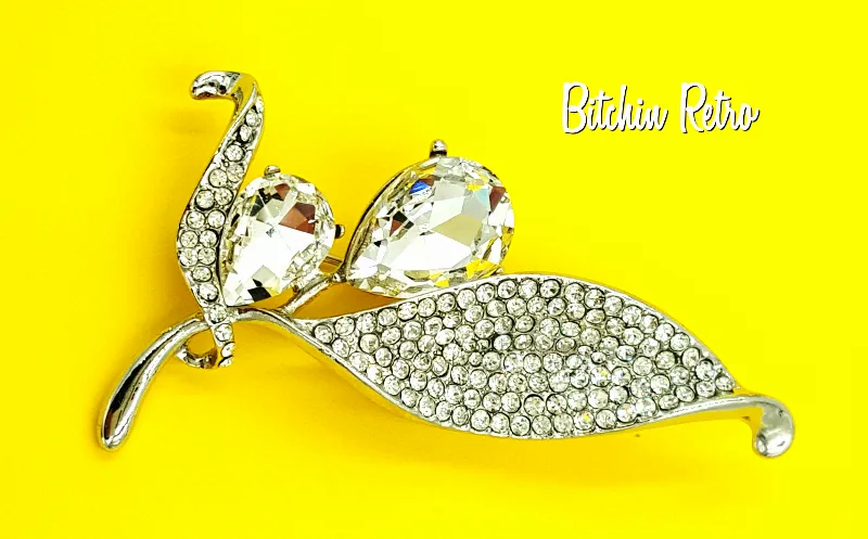 Floral Rhinestone Brooch Pear Cut Flower Pin With Pave Set Leaves