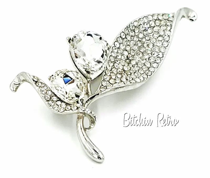 Floral Rhinestone Brooch Pear Cut Flower Pin With Pave Set Leaves