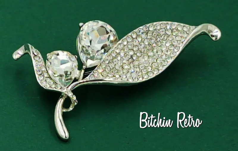 Floral Rhinestone Brooch Pear Cut Flower Pin With Pave Set Leaves