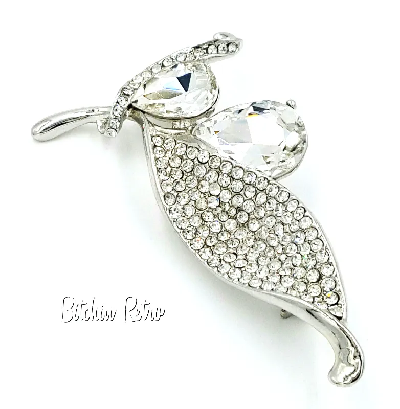 Floral Rhinestone Brooch Pear Cut Flower Pin With Pave Set Leaves