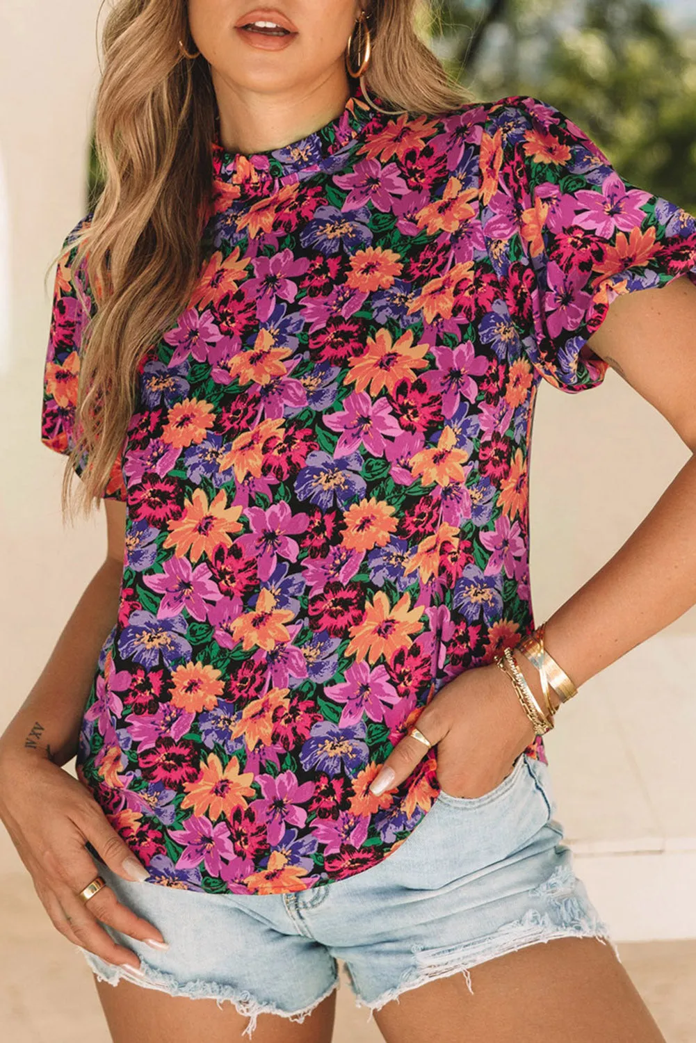 Floral Round Neck Puff Sleeve Blouse