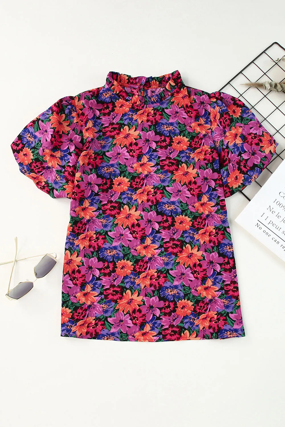 Floral Round Neck Puff Sleeve Blouse