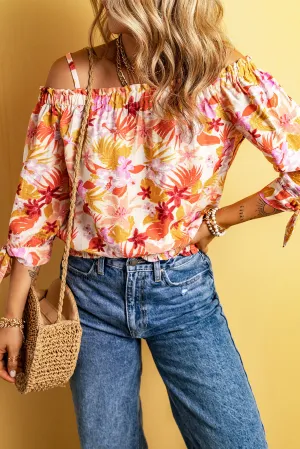 Floral Shirred Knotted Off Shoulder Blouse