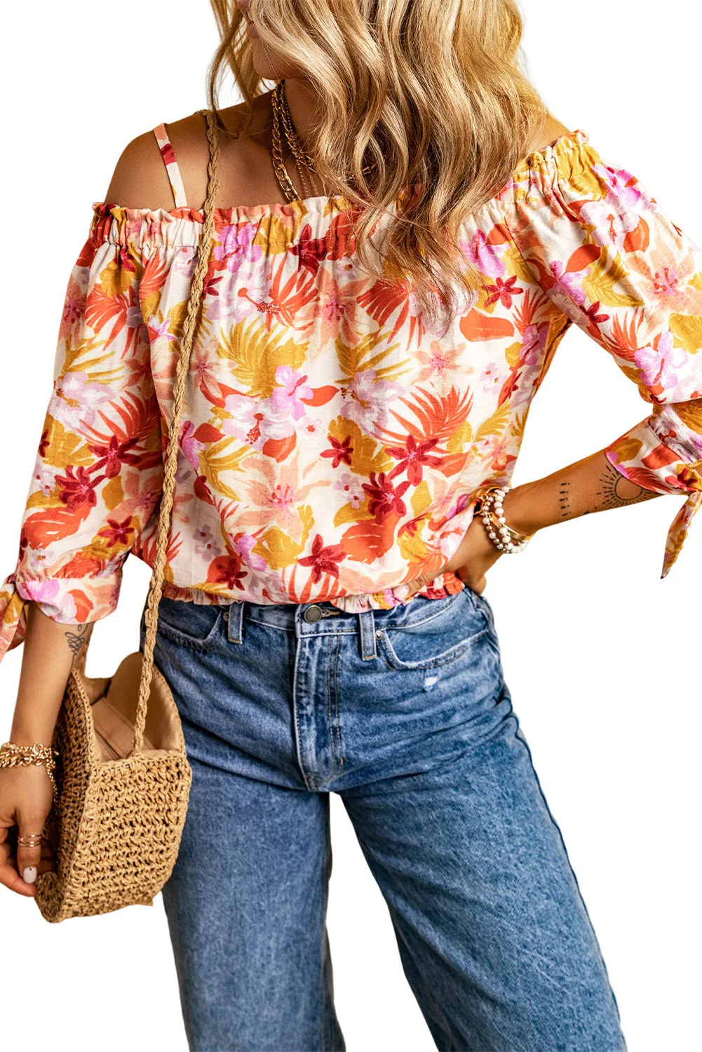 Floral Shirred Knotted Off Shoulder Blouse
