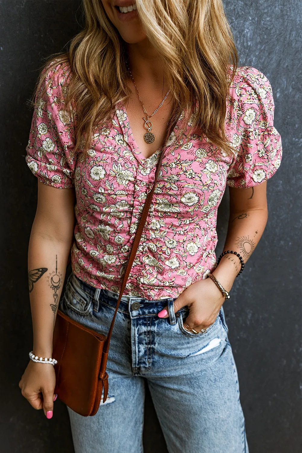 Floral Short V Neck Ruched Blouse