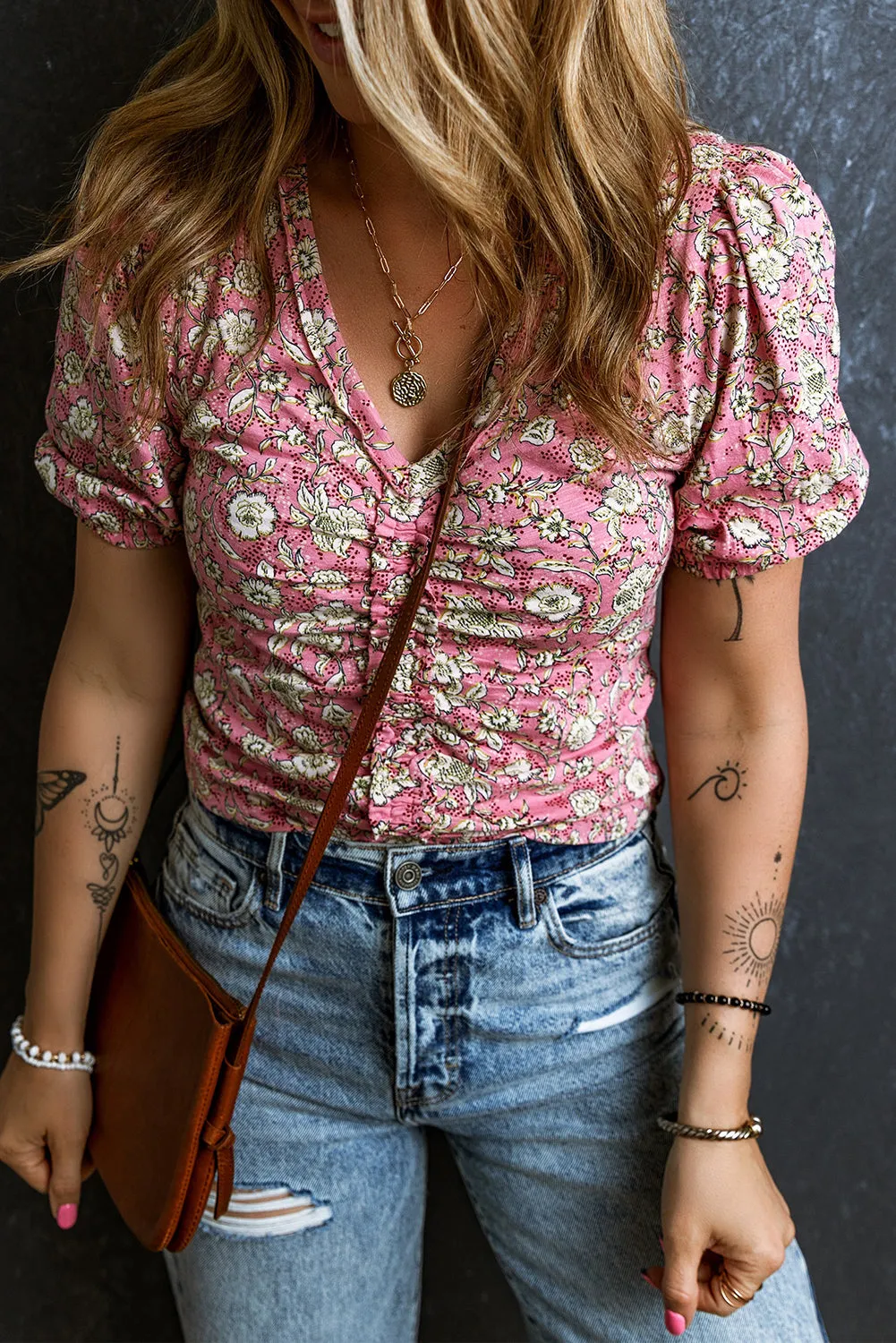 Floral Short V Neck Ruched Blouse