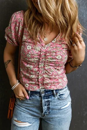Floral Short V Neck Ruched Blouse