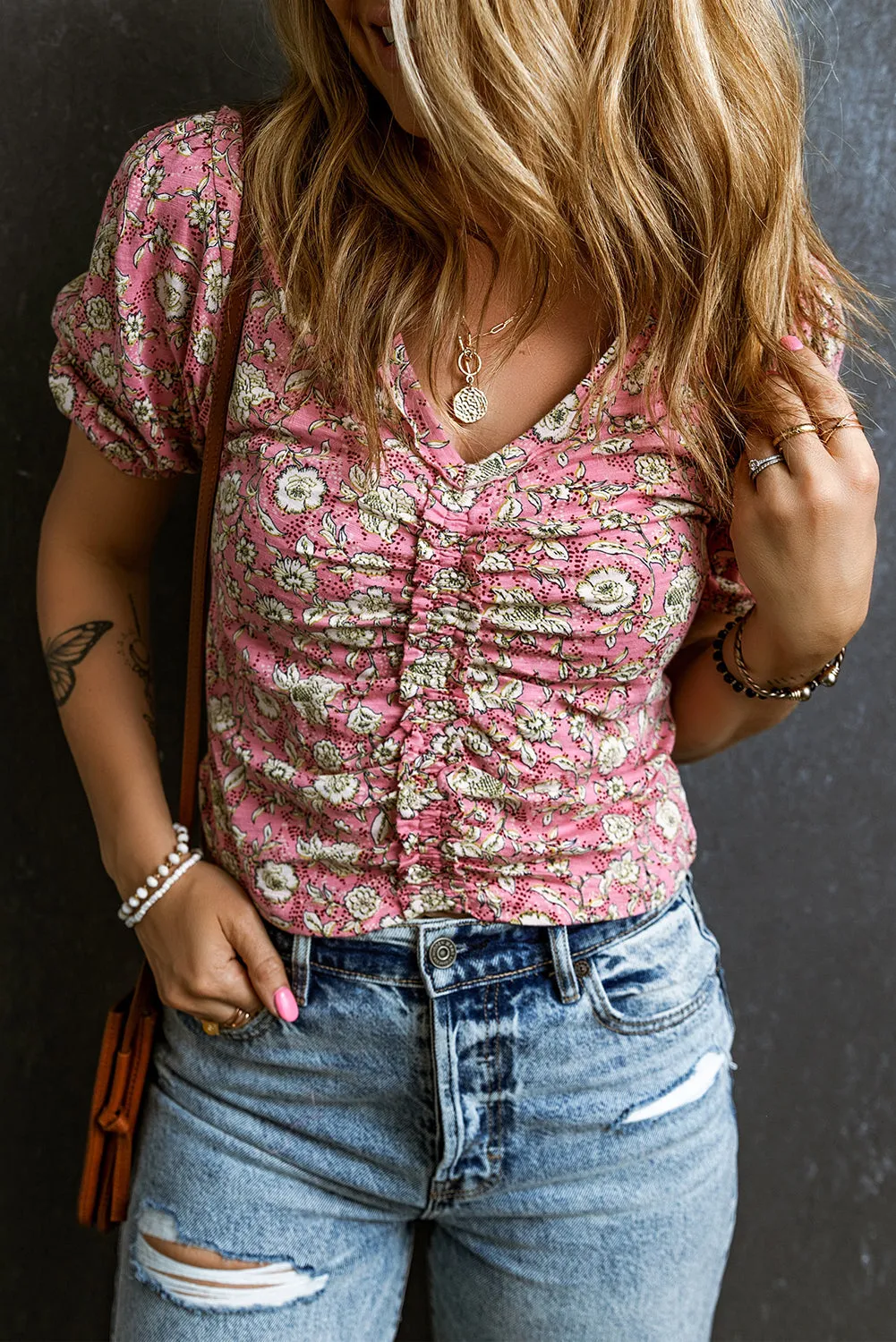 Floral Short V Neck Ruched Blouse