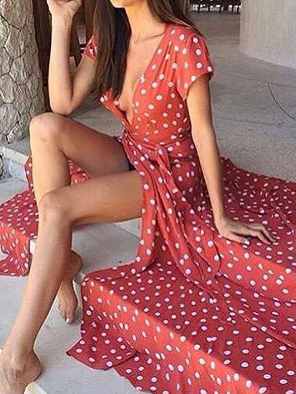 Floral V Neck Split Front Dot Maxi Dress