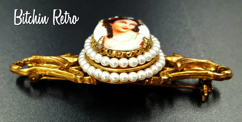 Florenza Limoges Vintage Porcelain Cameo Bar Pin with Hand Painted Details