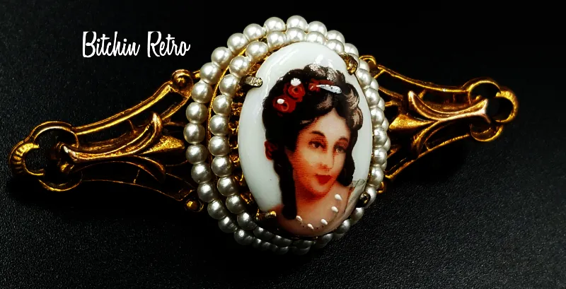 Florenza Limoges Vintage Porcelain Cameo Bar Pin with Hand Painted Details