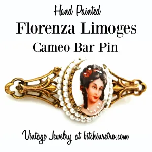 Florenza Limoges Vintage Porcelain Cameo Bar Pin with Hand Painted Details