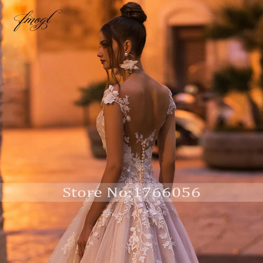Fmogl Sexy Backless Cap Sleeve Lace Princess Wedding Dress 2022 Appliques Beaded Flowers Court Train Vintage A Line Bridal Gowns