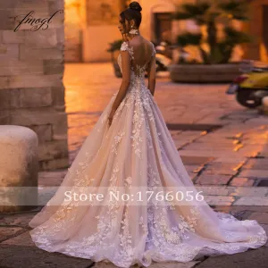 Fmogl Sexy Backless Cap Sleeve Lace Princess Wedding Dress 2022 Appliques Beaded Flowers Court Train Vintage A Line Bridal Gowns