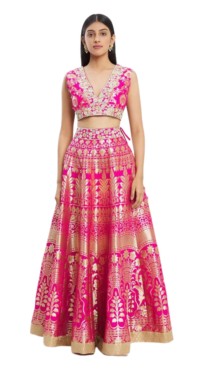 Fuchsia Banarasi Silk Lehenga Set