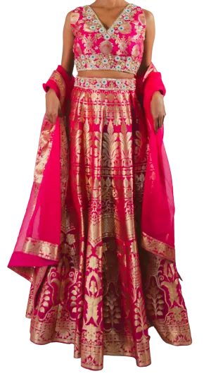 Fuchsia Banarasi Silk Lehenga Set
