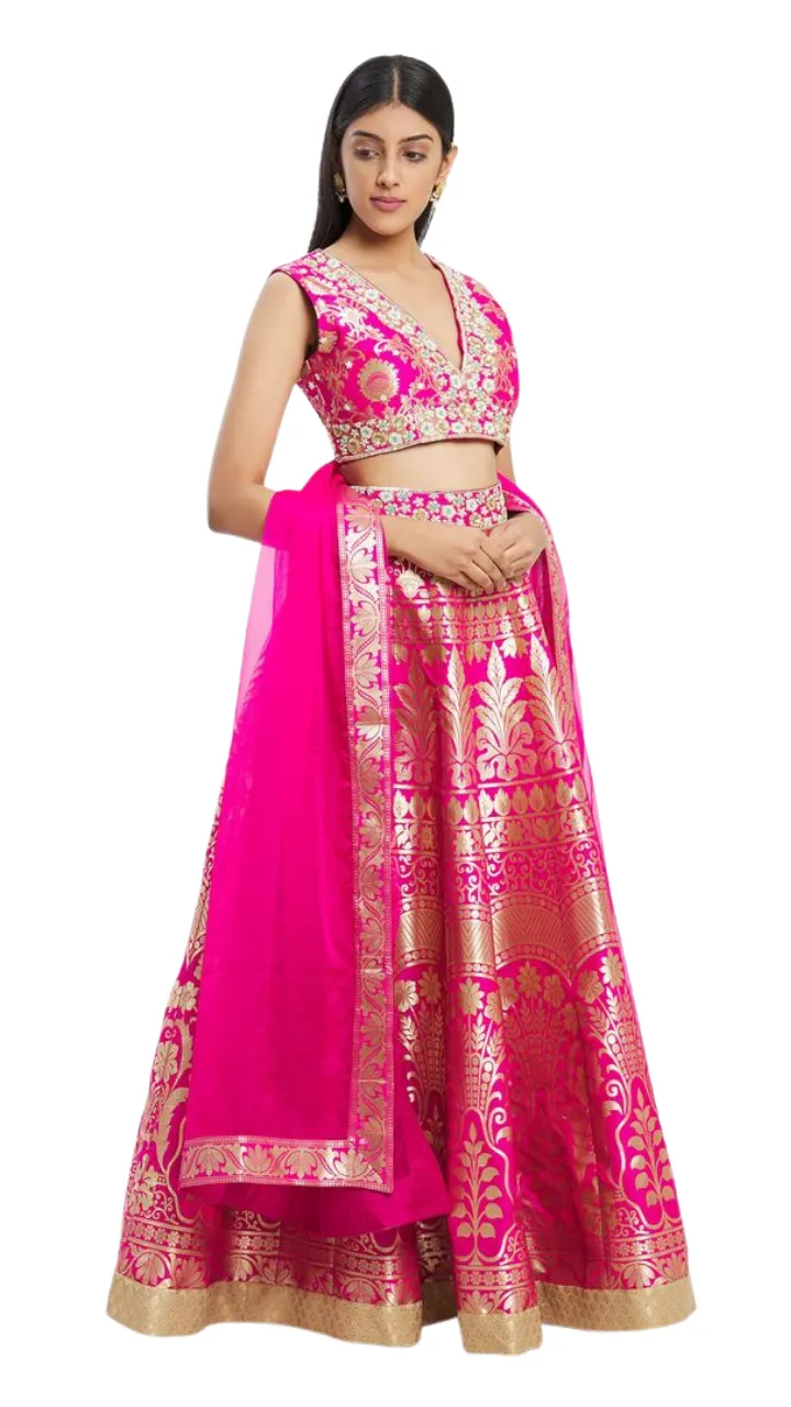Fuchsia Banarasi Silk Lehenga Set