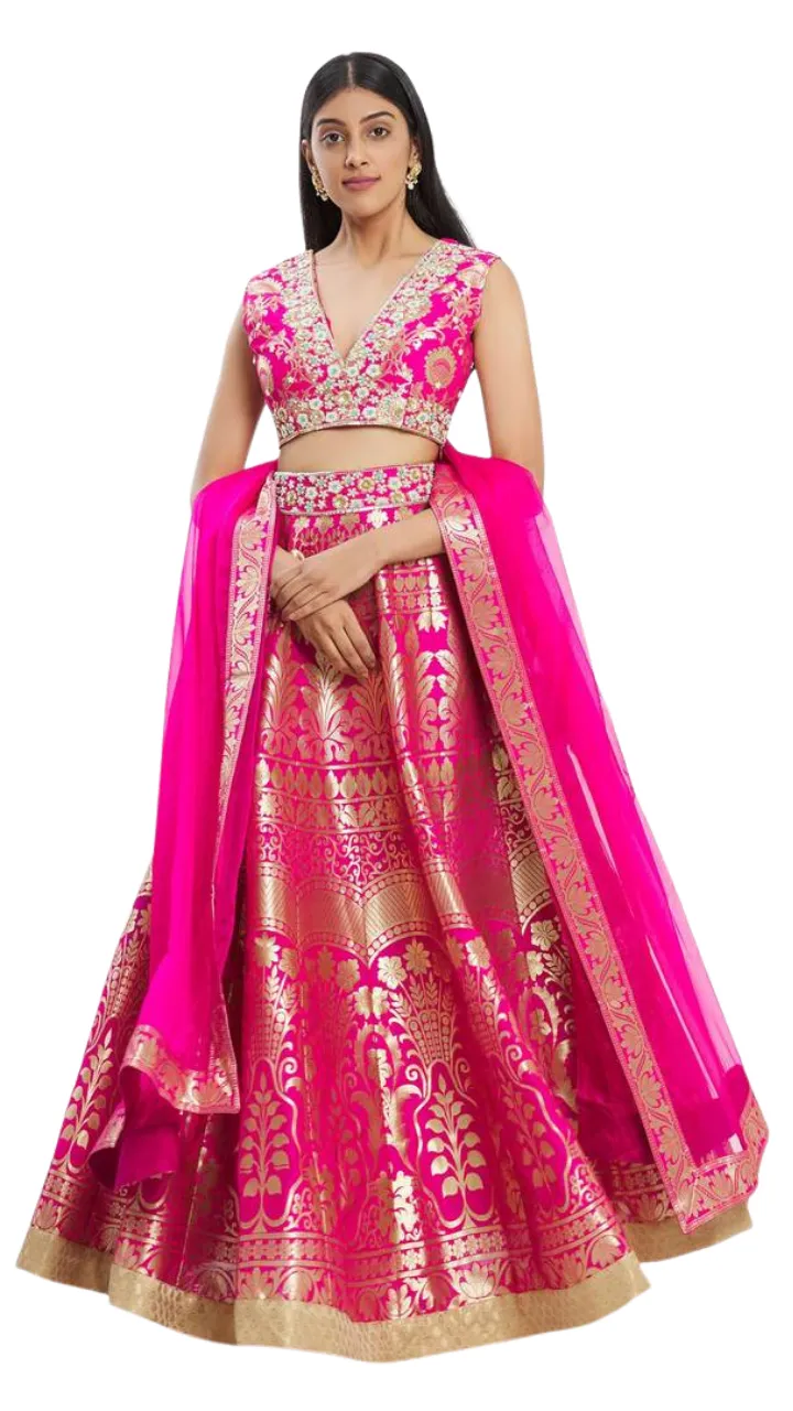 Fuchsia Banarasi Silk Lehenga Set