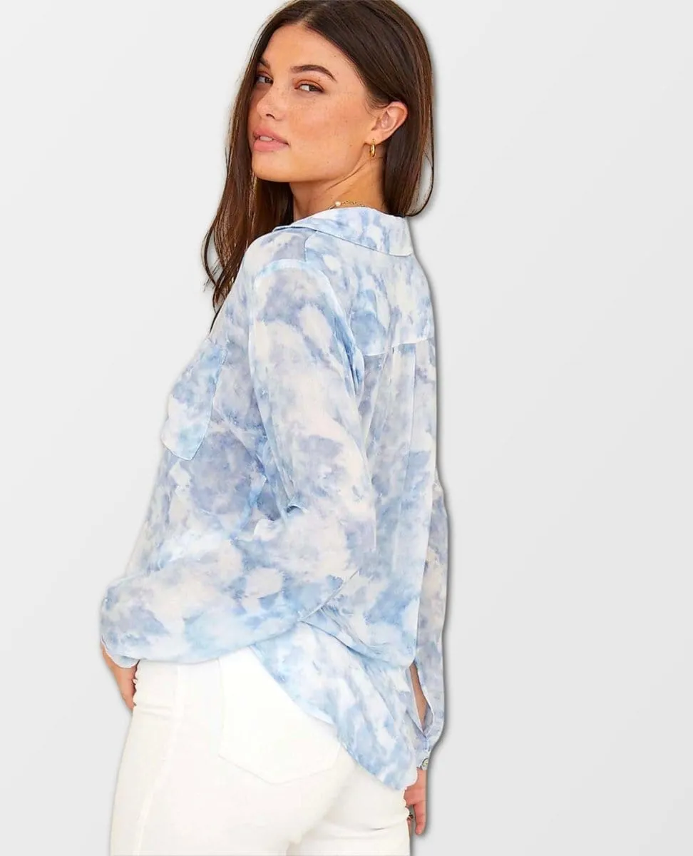 Full Button Down Hipster Shirt Cloud Print