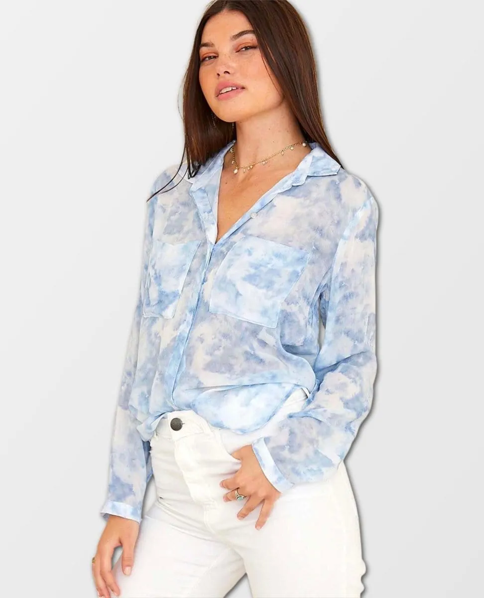 Full Button Down Hipster Shirt Cloud Print